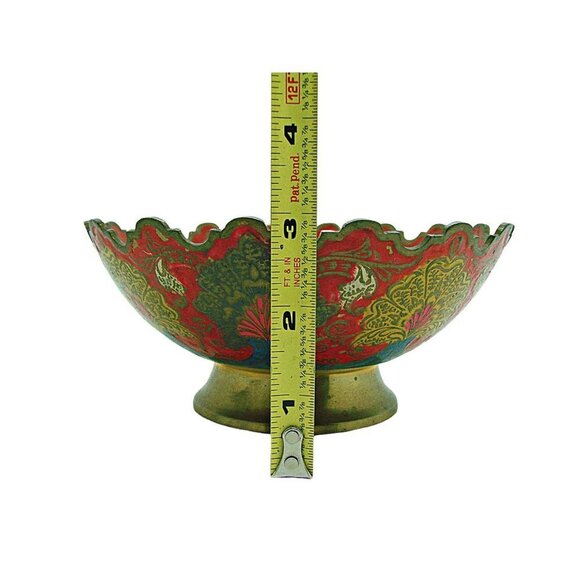 Vintage Multicolor Brass Enamel Scalloped Edge Raw Brass Foot Peacock Bowl Sz 6" - Picture 10 of 12